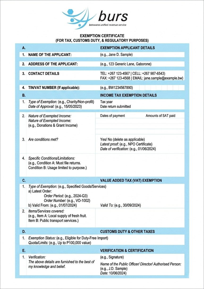 Botswana Exemption Certificate