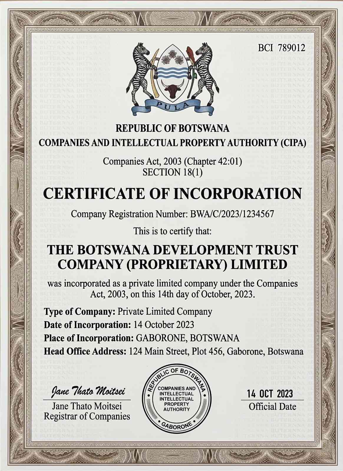 Certificate Of Incorporation Sample