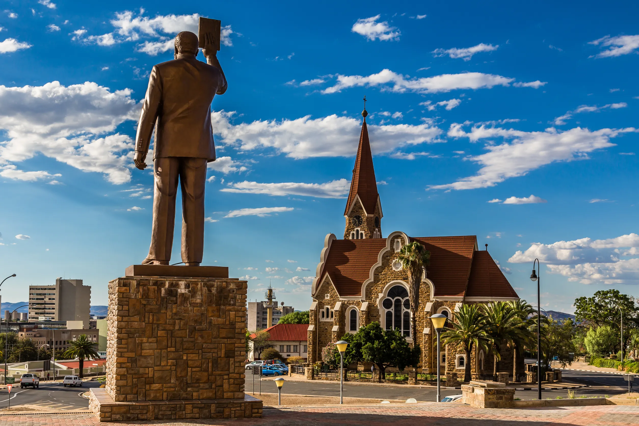 first namibian president monument and luteran christ church in the center of windhoek