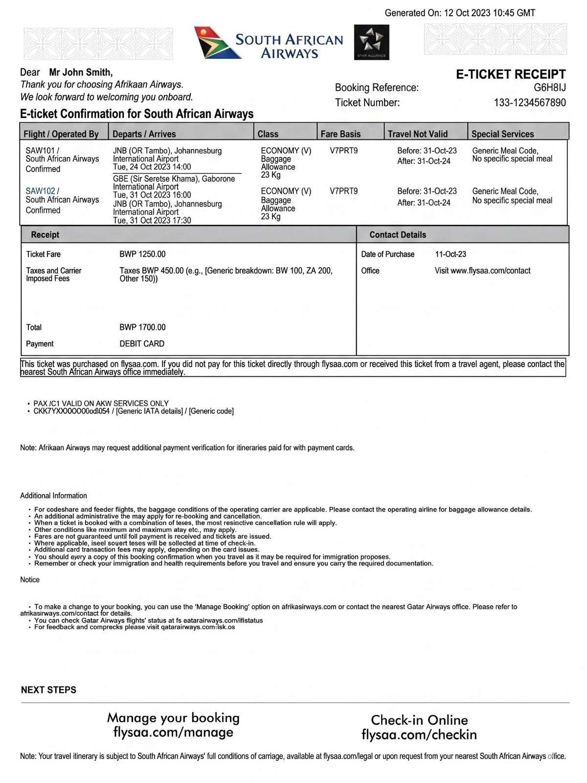 Sample Of A Flight Booking Confirmation