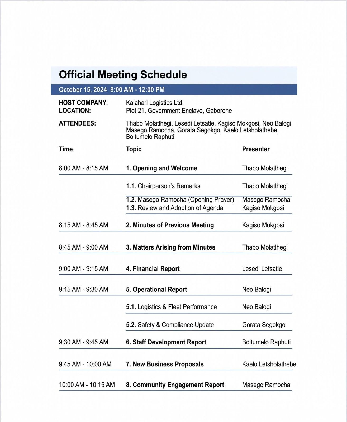 Sample Of A Meeting Schedule
