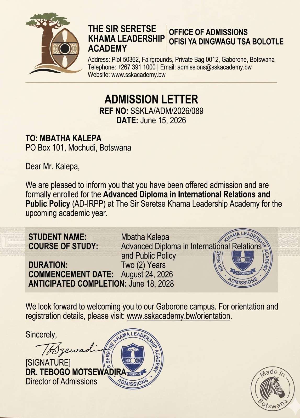 Sample Of A School Admission Letter