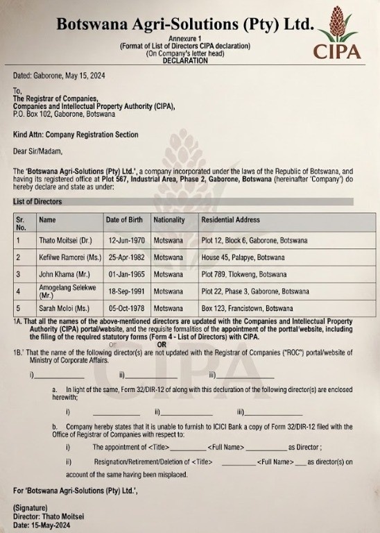 Sample Paper Of A Botswana Company List Of Directors