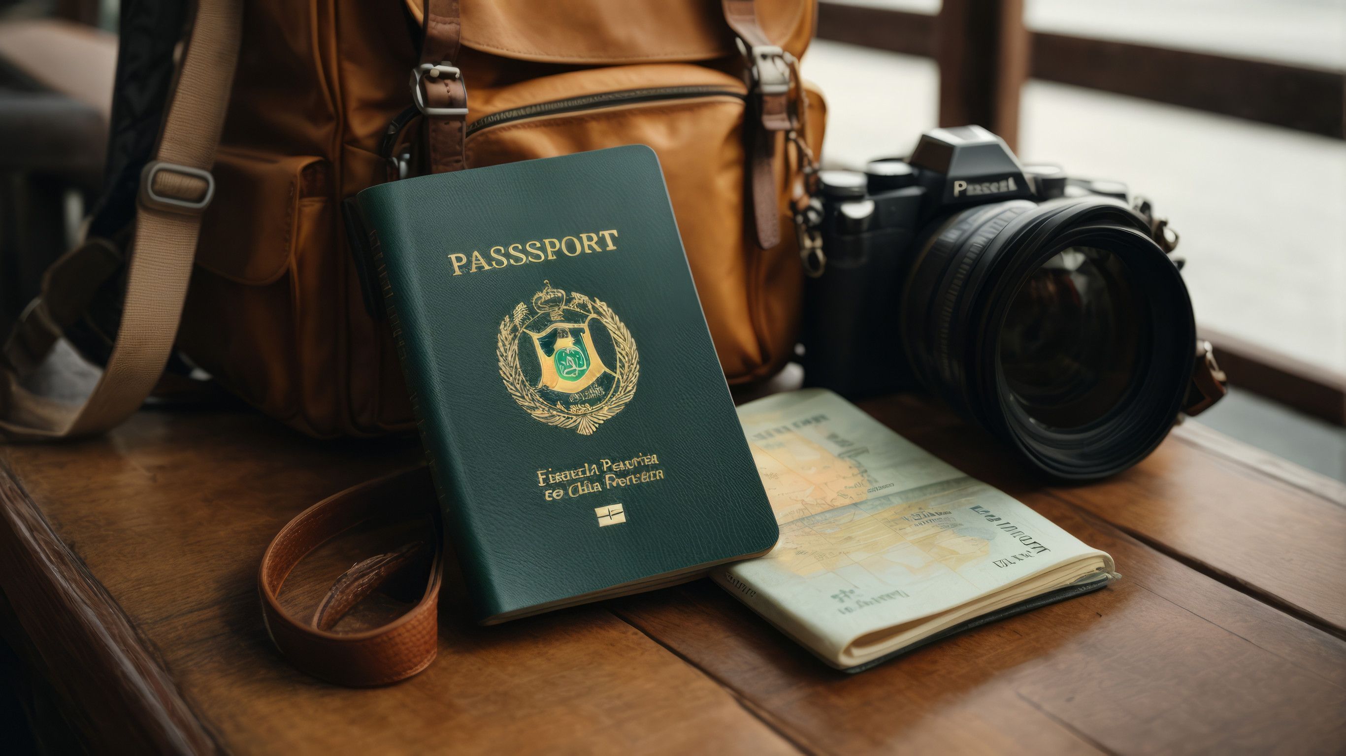 Traveler Holding Passport And Camera On Wooden Table Travel Concept