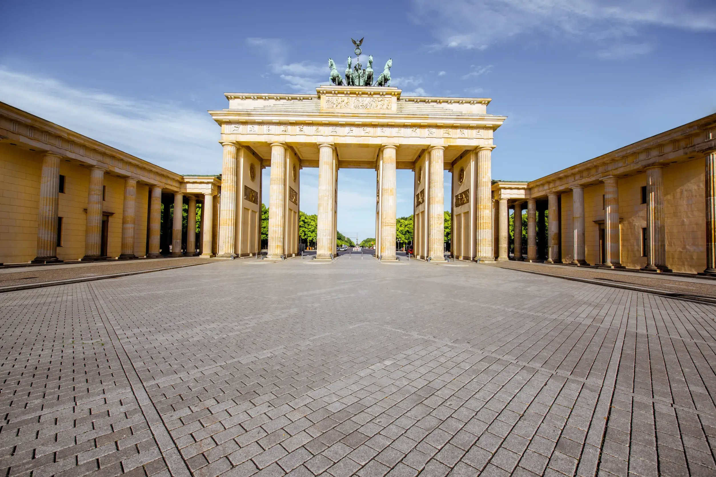 view on the famous brandenburg gates on the pariser square during the morning